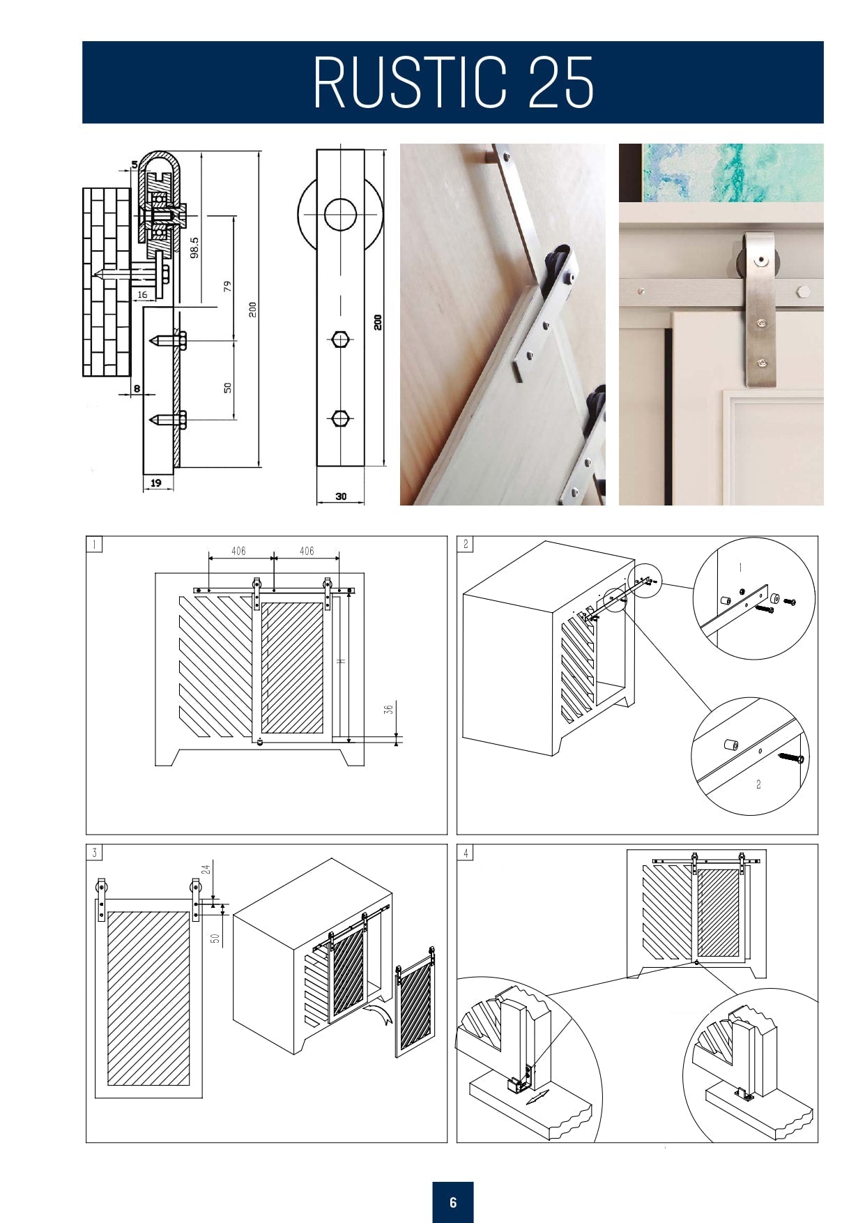 Kit Puerta Corredera Rustic 25 de acero inoxidable para puertas de hasta 25kg