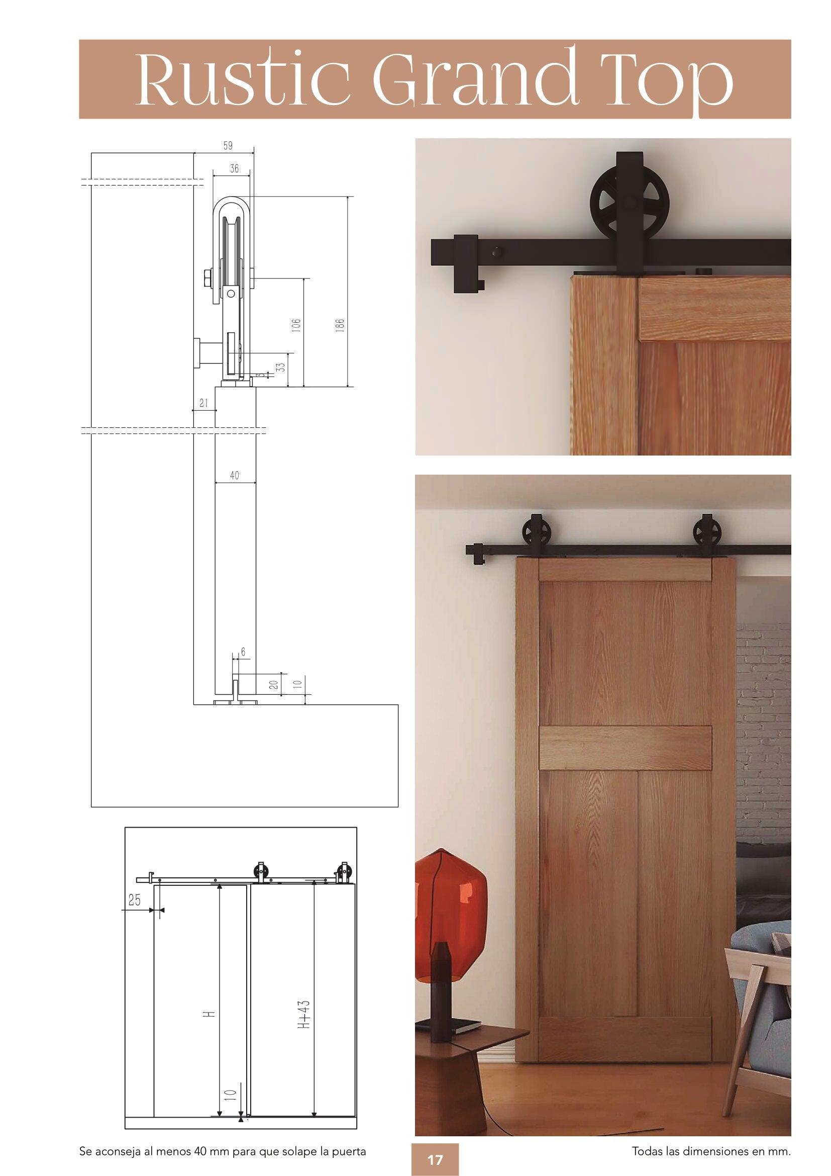 Kit Rustic Grand Top de acero negro para puertas de hasta 80kg. - accesorios para puertas