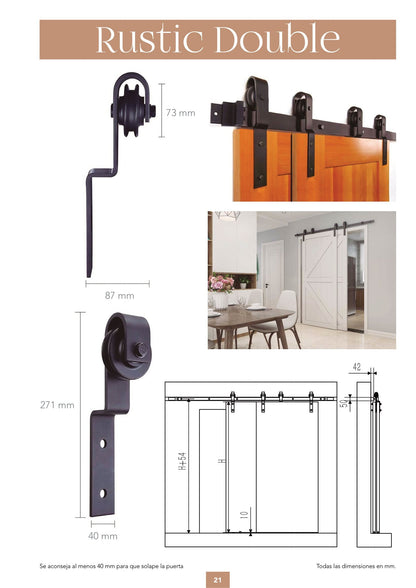 Kit Puerta Corredera Rustic Double de acero negro para puertas de hasta 80kg - accesorios para puertas