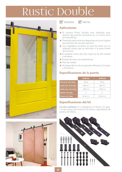 Kit Puerta Corredera Rustic Double de acero negro para puertas de hasta 80kg - accesorios para puertas